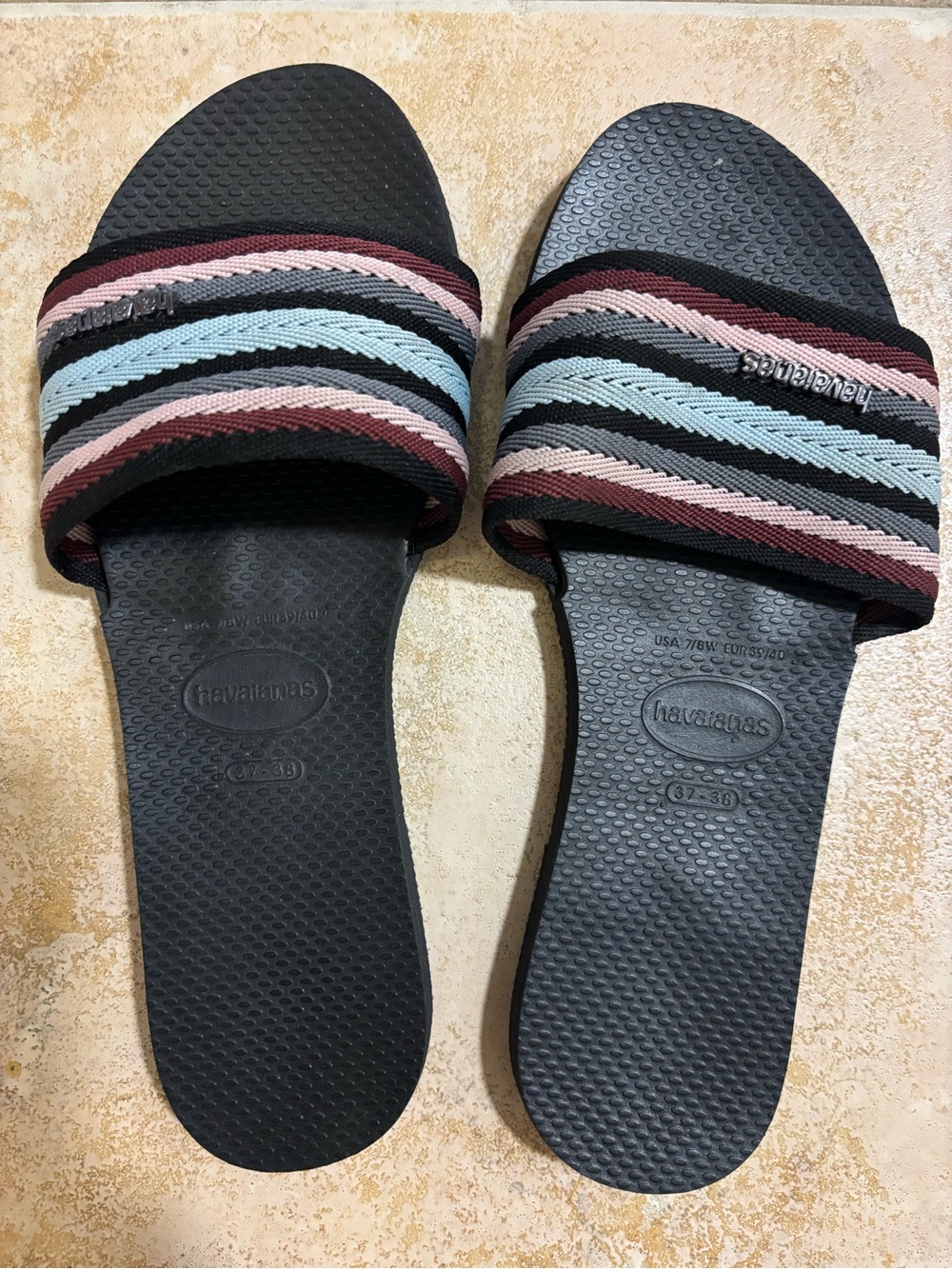Havaianas Black Slides with Striped Fabric Band